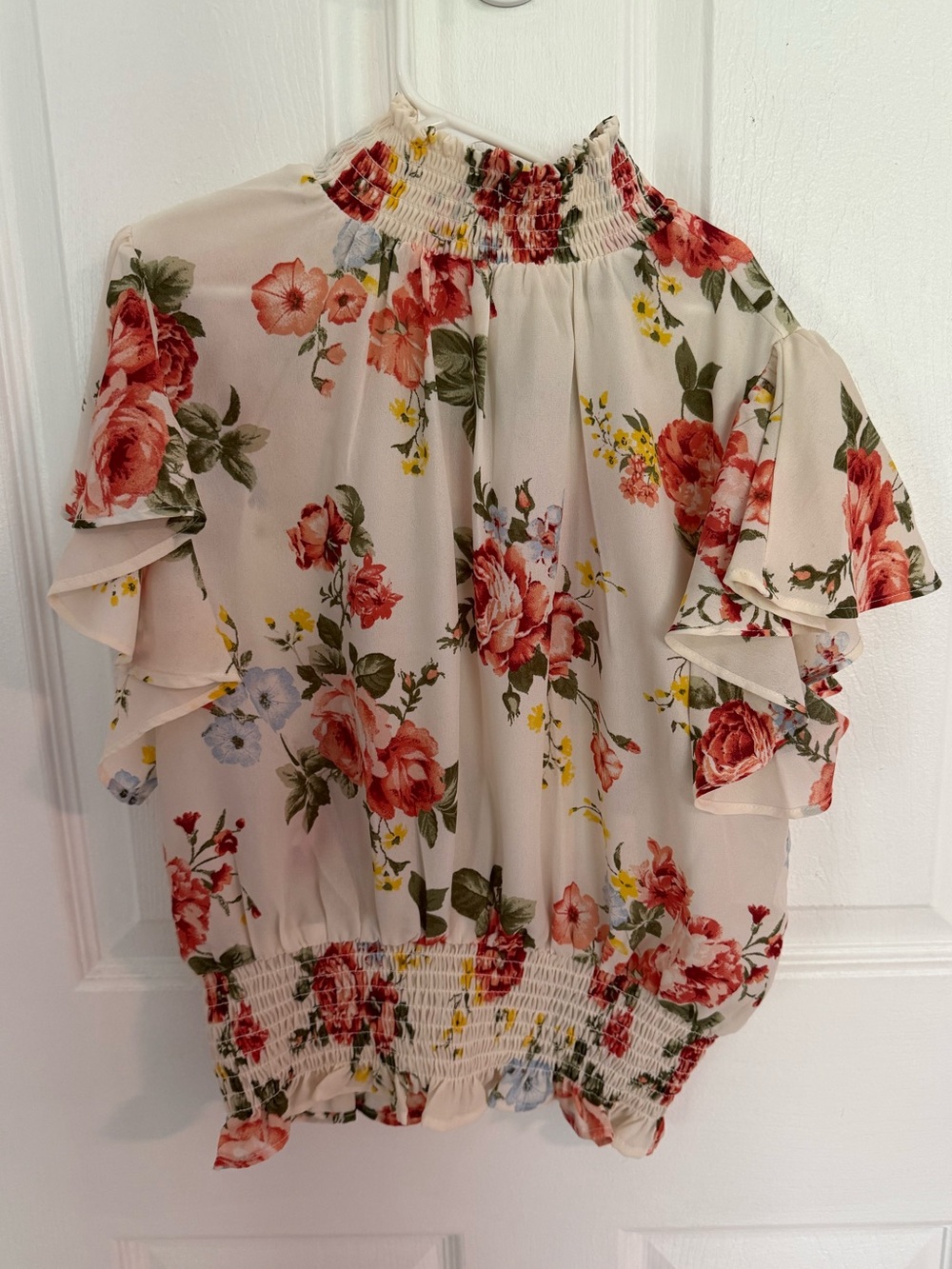 Lulu's Cream Floral Smocked Mock-Neck Ruffle Blouse
